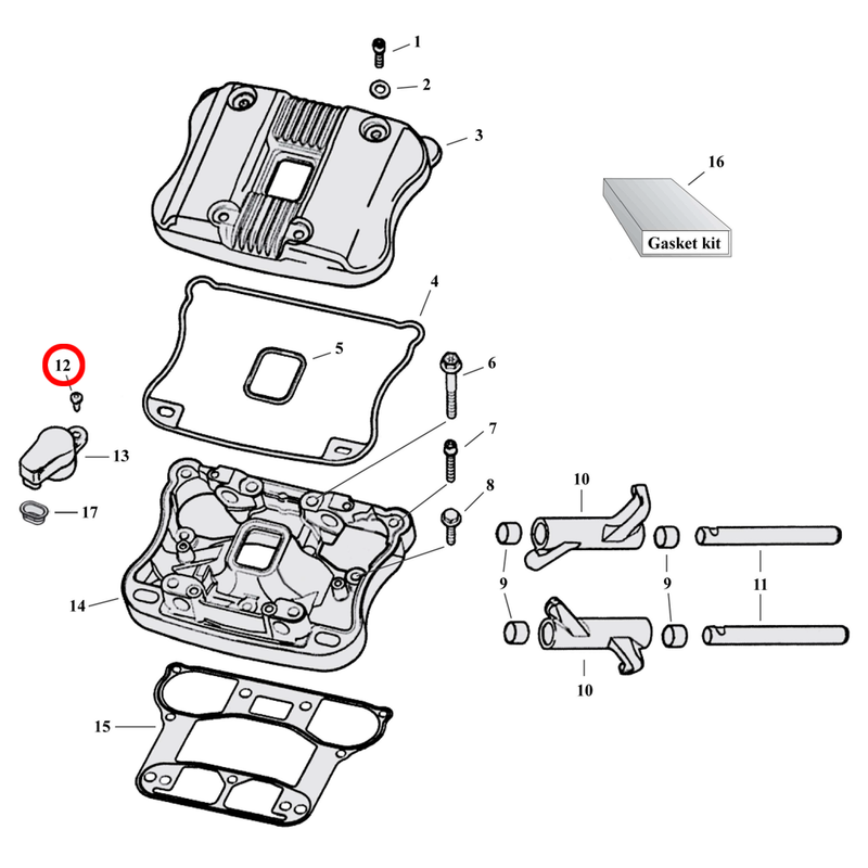 Rocker Box Parts Diagram Exploded View for 04-22 Harley Sportster 12) 04-22 XL & XR1200. Bolt, breather.