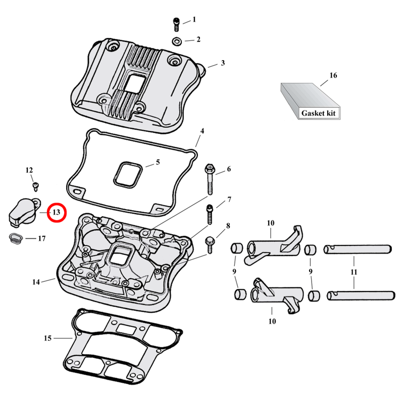 Rocker Box Parts Diagram Exploded View for 04-22 Harley Sportster 13) 07-08 XL. S&S umbrella valve (not shown). Replaces OEM: 26856-89