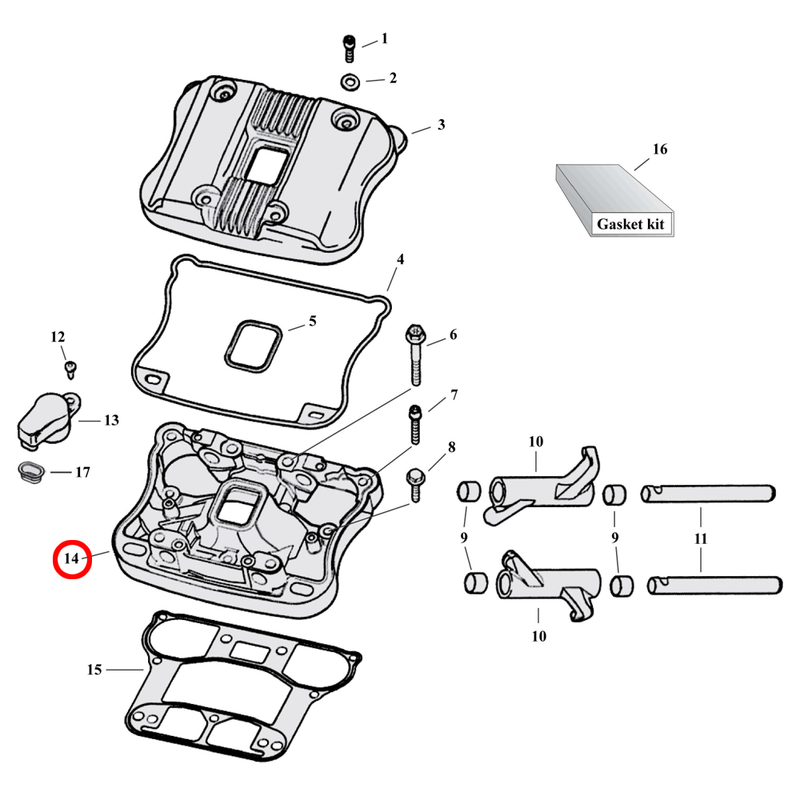 Rocker Box Parts Diagram Exploded View for 04-22 Harley Sportster 14) 04-22 XL. Chrome rocker box cover, upper & lower kit incl. Internals and hardware (with L07-21 gasket style, retro fits to 04-06 XL models.)