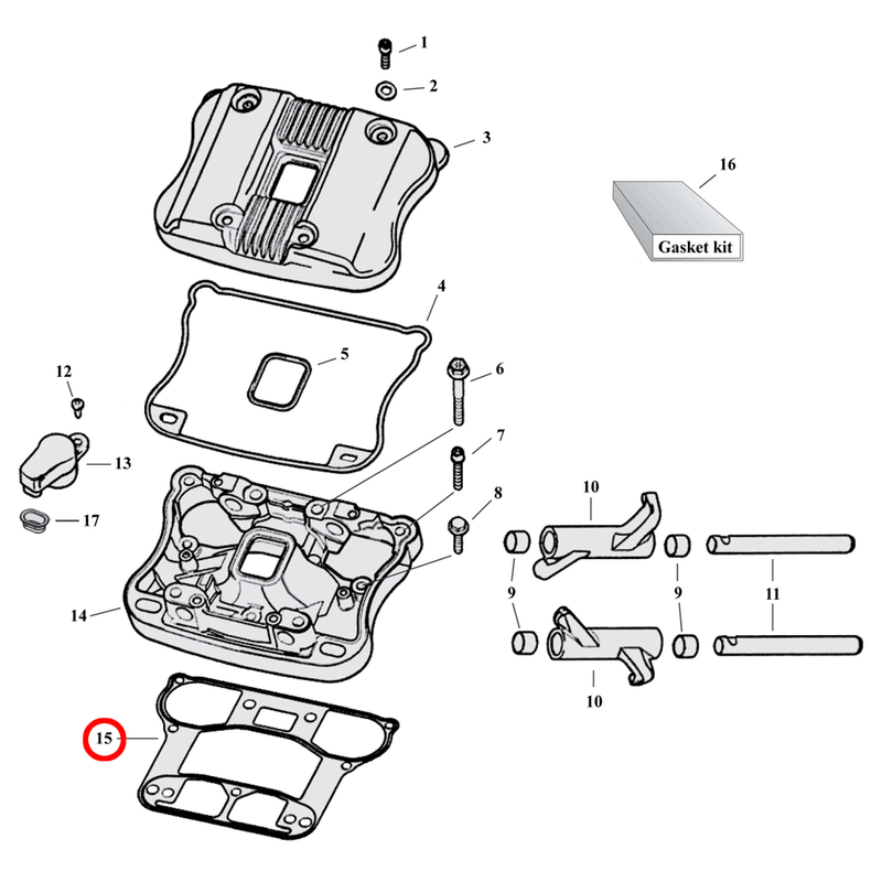 Rocker Box Parts Diagram Exploded View for 04-22 Harley Sportster 15) 04-22 XL & XR1200. James one-piece metal base rocker cover gasket (set of 2). Replaces OEM: 16800-84B