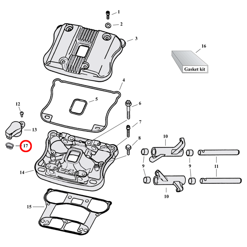 Rocker Box Parts Diagram Exploded View for 04-22 Harley Sportster 17) 07-22 XL. James breather seal. Replaces OEM: 17393-07