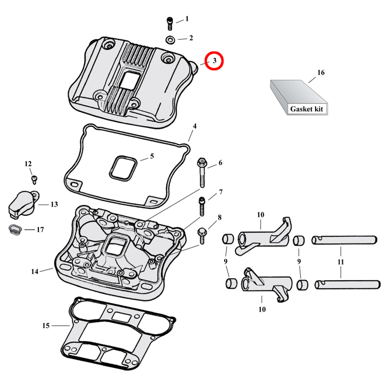 Rocker Box Parts Diagram Exploded View for 04-22 Harley Sportster 3) 04-22 XL. Chrome rocker box cover, upper & lower kit incl. Internals and hardware (with L07-21 gasket style, retro fits to 04-06 XL models.)