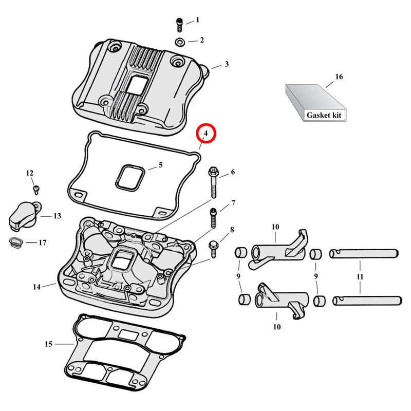 Rocker Box Parts Diagram Exploded View for 04-22 Harley Sportster 4) 07-22 XL. James rocker cover gasket, upper/outer. Replaces OEM: 17362-07B
