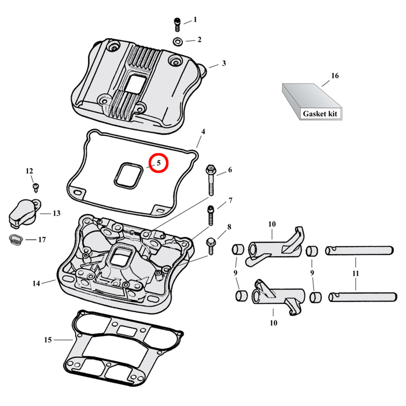 Rocker Box Parts Diagram Exploded View for 04-22 Harley Sportster 5) 91-06 XL. James gasket, middle (rubber). Replaces OEM: 17358-84A