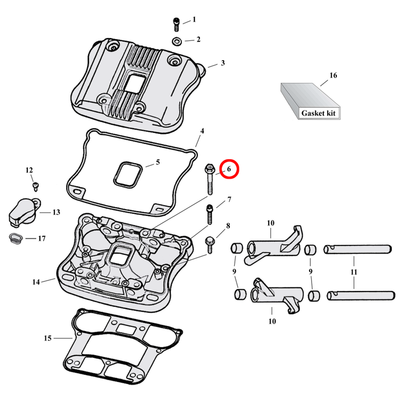 Rocker Box Parts Diagram Exploded View for 04-22 Harley Sportster 6) 01-22 XL & XR1200. Flanged allen bolt.
