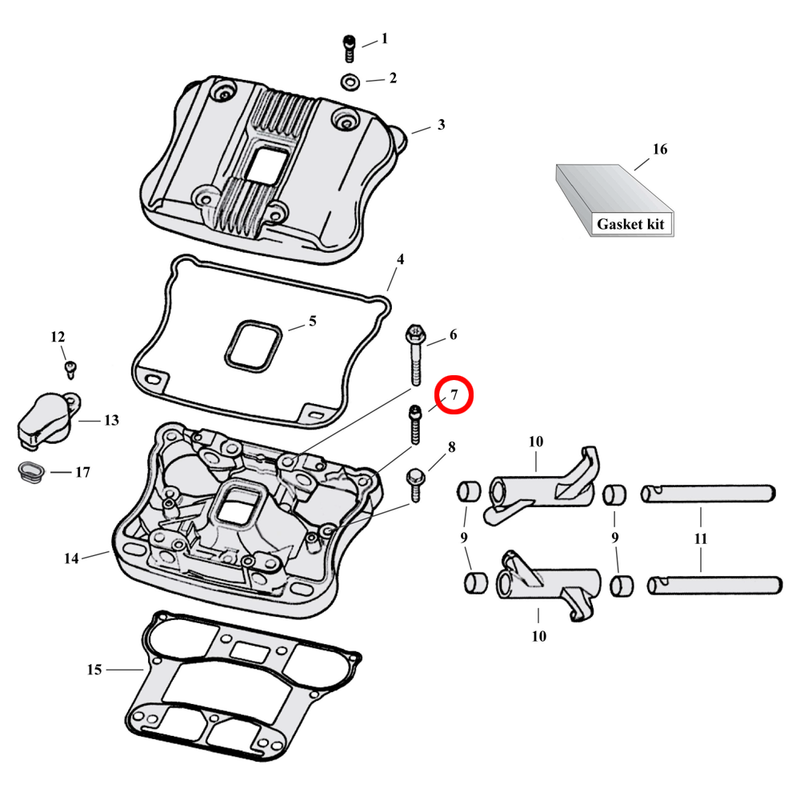 Rocker Box Parts Diagram Exploded View for 04-22 Harley Sportster 7) 01-22 XL & XR1200. Allen bolt (set of 5). Replaces OEM: 4718A
