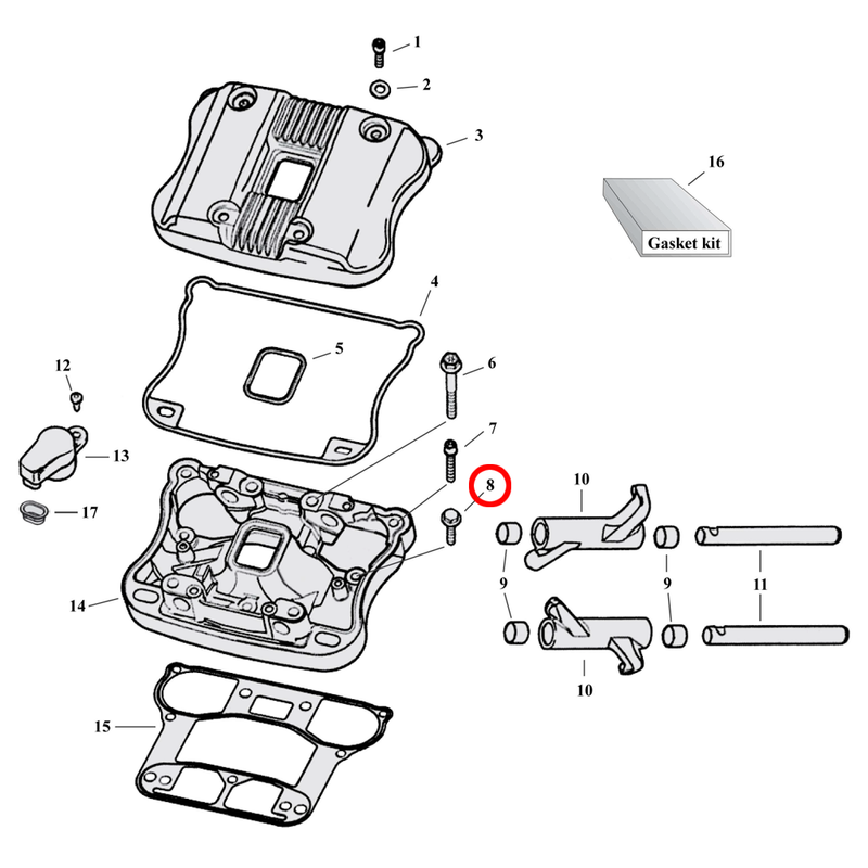 Rocker Box Parts Diagram Exploded View for 04-22 Harley Sportster 8) 04-22 XL & XR1200. Bolt with washer.