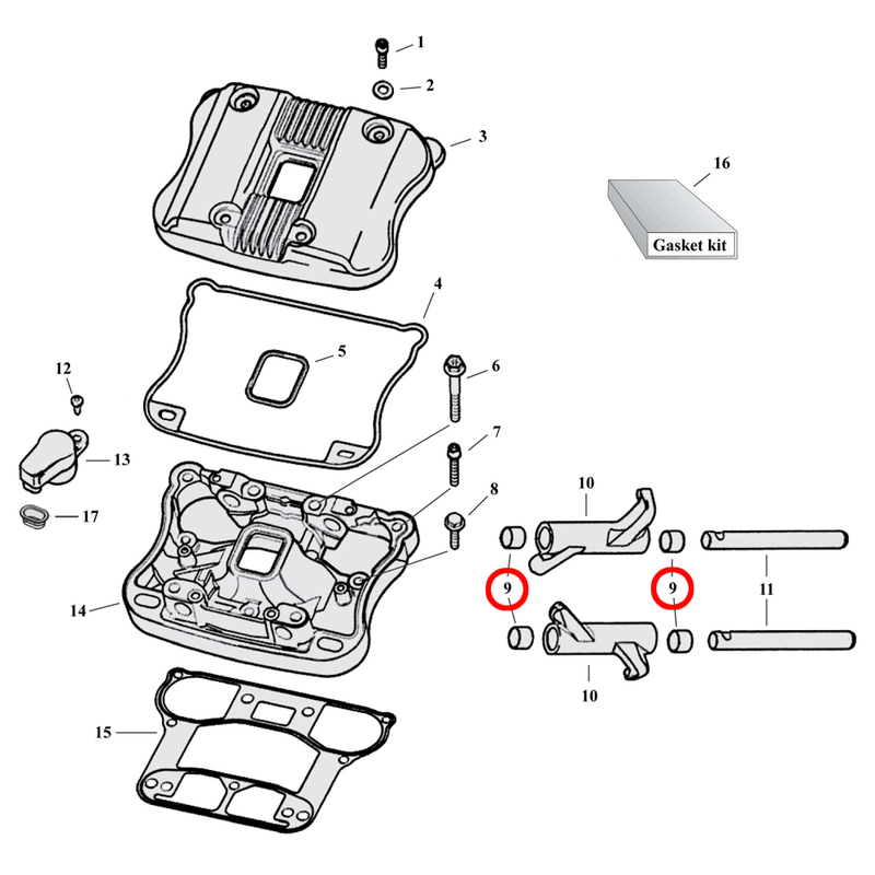 Rocker Box Parts Diagram Exploded View for 04-22 Harley Sportster 9) 04-22 XL & XR1200. Bushing, rocker arm (set of 2). Replaces OEM: 17429-91.