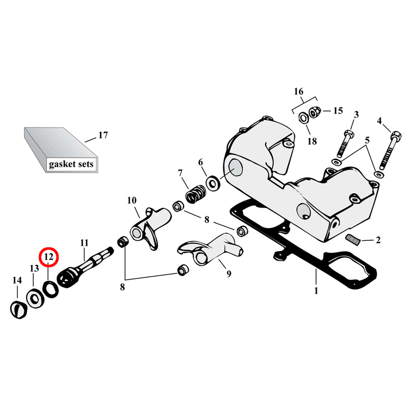 Rocker Box Parts Diagram Exploded View for 57-85 Harley Sportster 12) 57-85 XL. James oversize o-ring, rocker shaft. Replaces OEM: 11101X