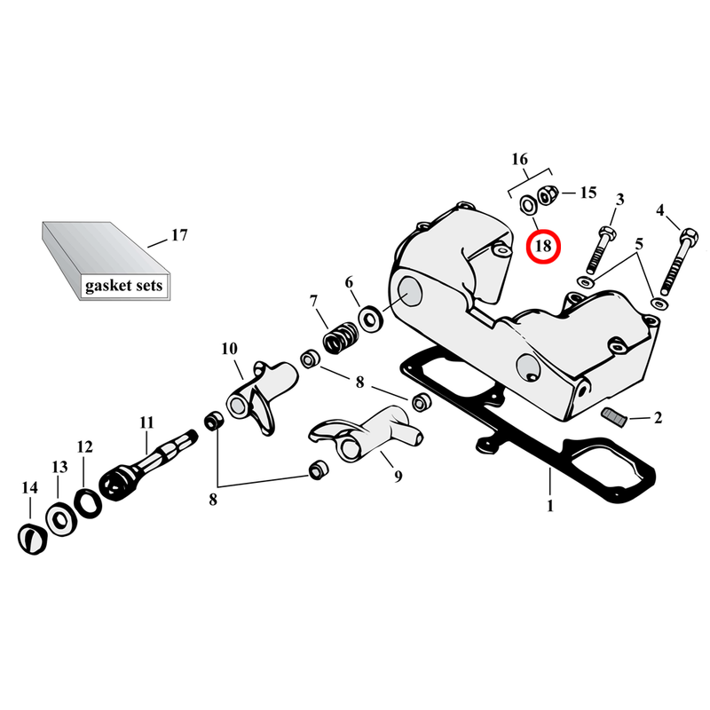 Rocker Box Parts Diagram Exploded View for 57-85 Harley Sportster 18) 57-85 XL. Washer, rockerarm shaft. Replaces OEM: 6466W