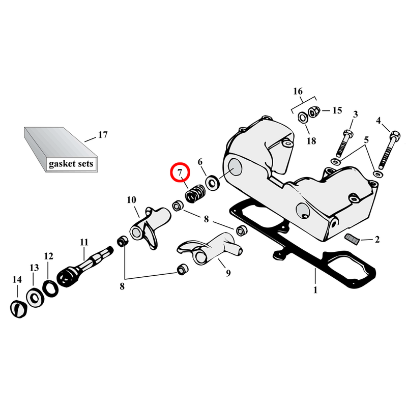 Rocker Box Parts Diagram Exploded View for 57-85 Harley Sportster 7) 57-85 XL. Spring, rockerarm. Replaces OEM: 17483-57