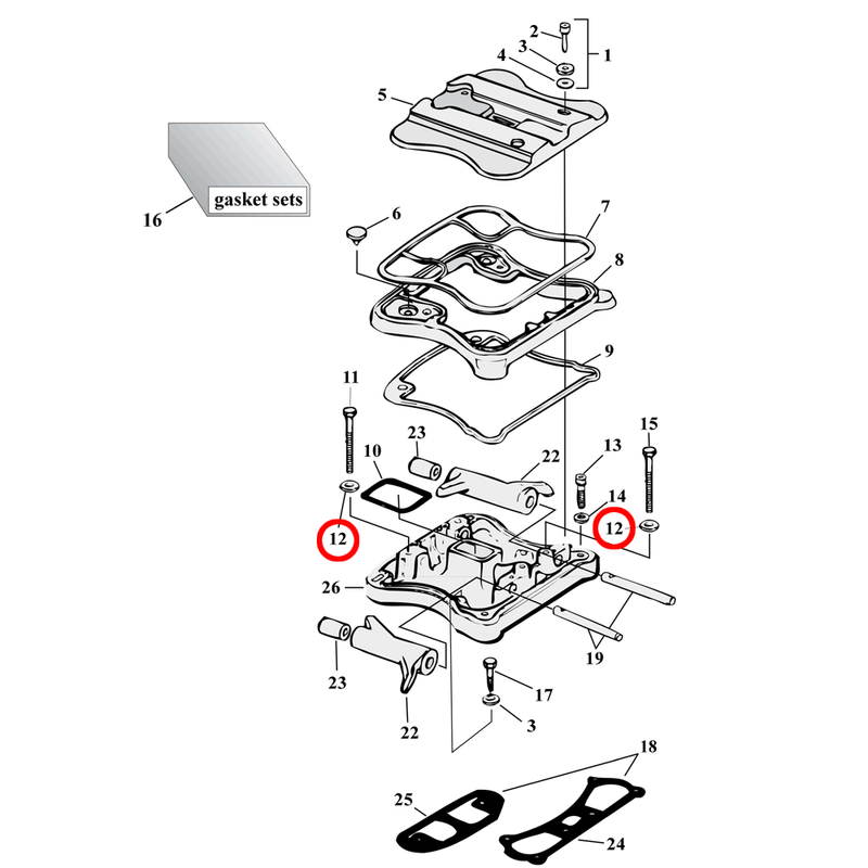 Rocker Box Parts Diagram Exploded View for 86-03 Harley Sportster 12) 86-00 XL. Washer, 5/16". Replaces OEM: 6016