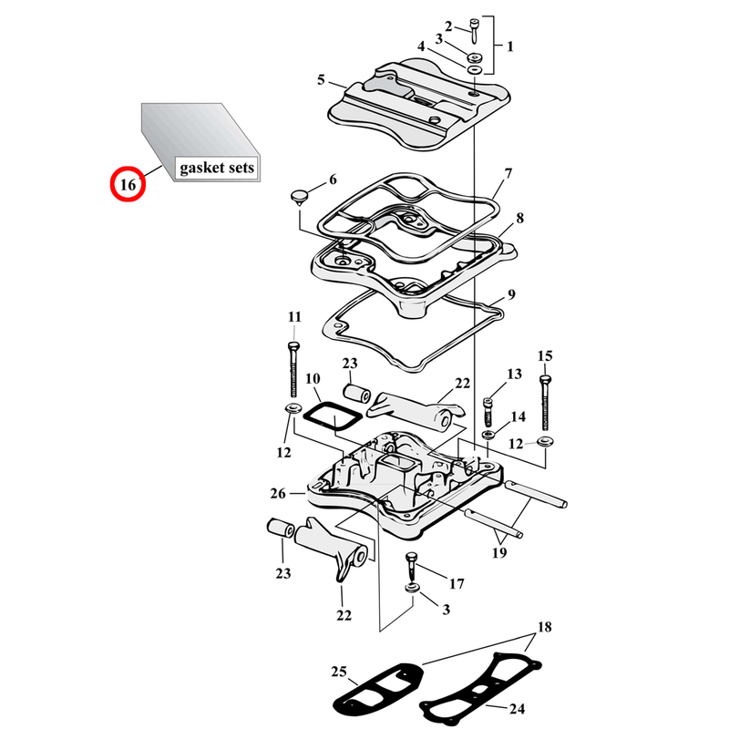 Rocker Box Parts Diagram Exploded View for 86-03 Harley Sportster 16) 86-90 XL. Cometic rocker cover gasket set (with rubber gaskets). Replaces OEM: 17030-89