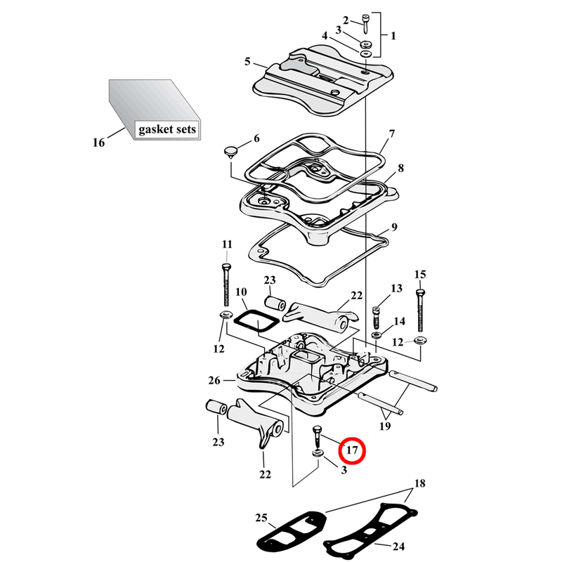 Rocker Box Parts Diagram Exploded View for 86-03 Harley Sportster 17) 86-03 XL. Hex bolt. 1/4-20 x 1 1/4" (set of 25). Replaces OEM: 3997A