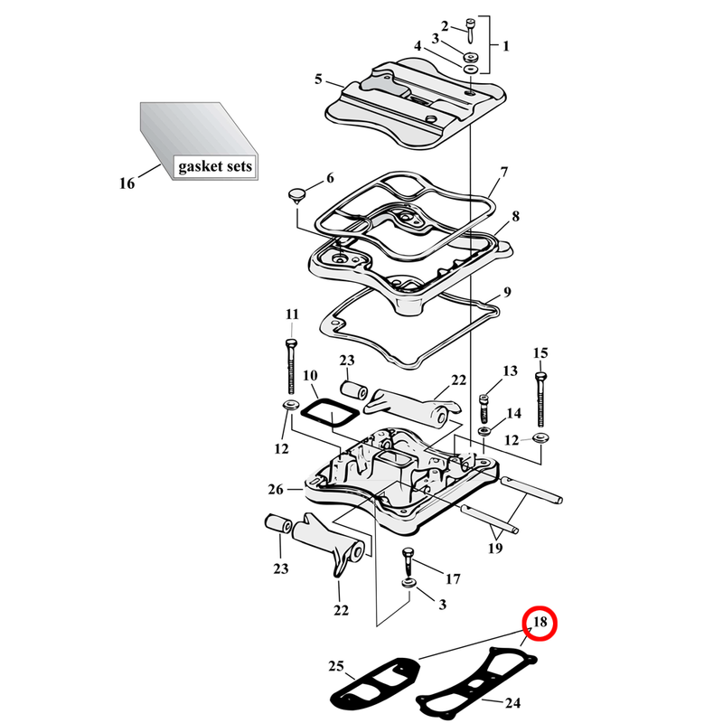 Rocker Box Parts Diagram Exploded View for 86-03 Harley Sportster 18) 86-03 XL. James one-piece metal base rocker cover gasket (set of 2). Replaces OEM: 16800-84A