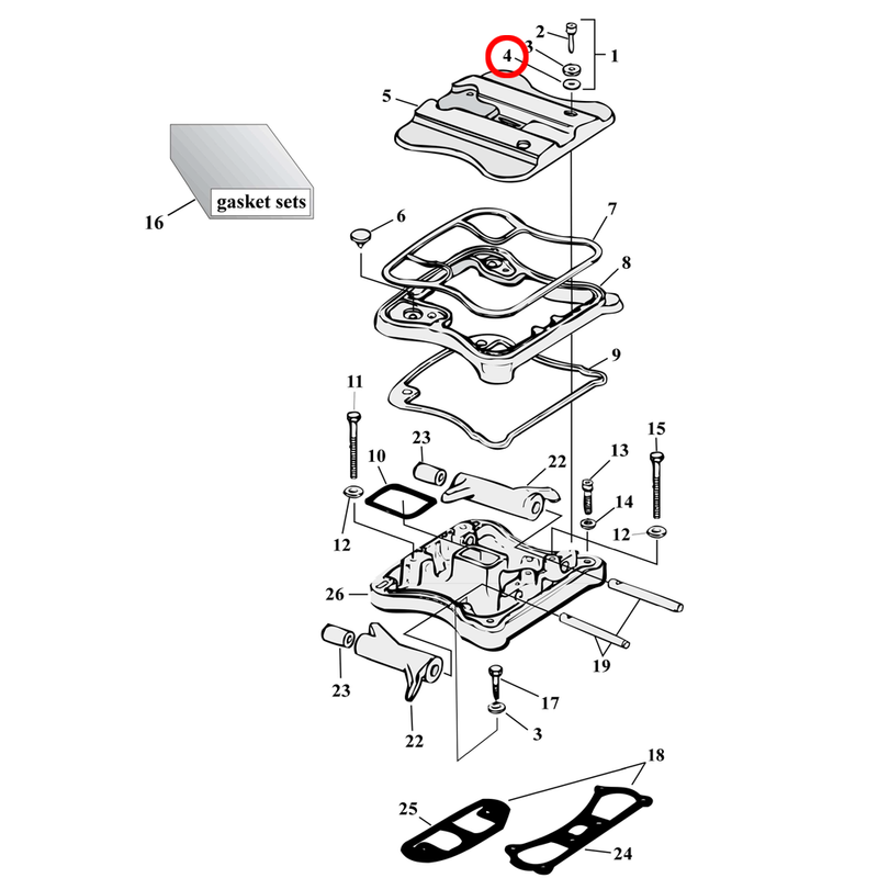Rocker Box Parts Diagram Exploded View for 86-03 Harley Sportster 4) 86-08 XL. James paper seal. Replaces OEM: 63858-49