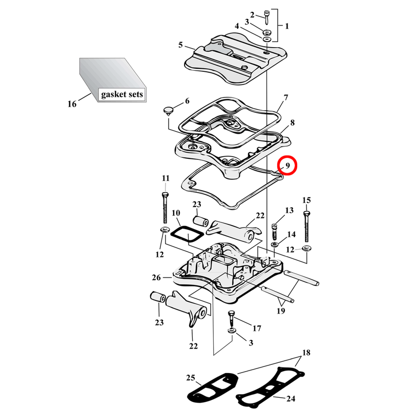 Rocker Box Parts Diagram Exploded View for 86-03 Harley Sportster 9) 86-90 XL. James rocker cover gasket, lower (rubber). Replaces OEM: 17353-86A