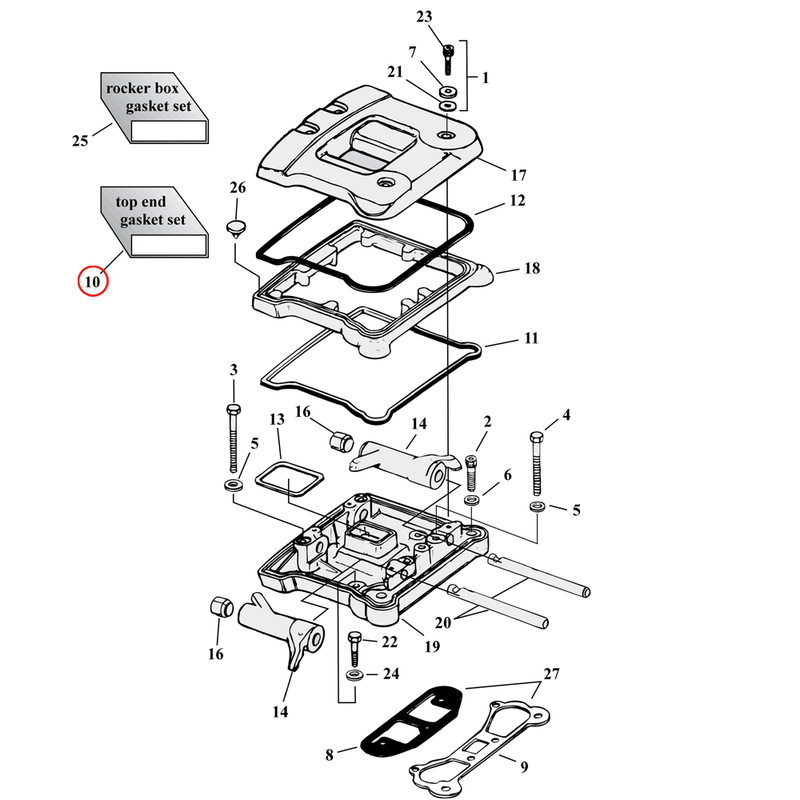 Rocker Box Parts Diagram Exploded View for Harley Evolution Big Twin 10) See top end gasket kits separately