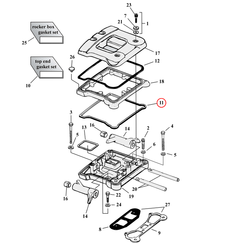 Rocker Box Parts Diagram Exploded View for Harley Evolution Big Twin 11) 84-91 Big Twin. James rocker box gasket, lower (cork). Replaces OEM: 17355-84