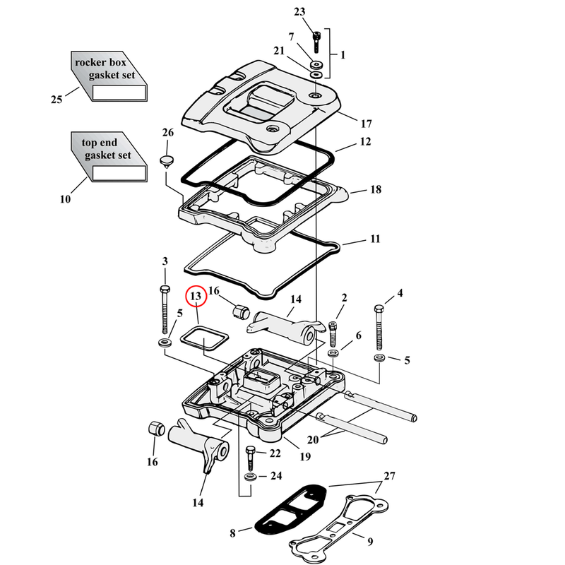 Rocker Box Parts Diagram Exploded View for Harley Evolution Big Twin 13) 84-99 Big Twin. James rocker box gasket, middle (cork). Replaces OEM: 17358-84