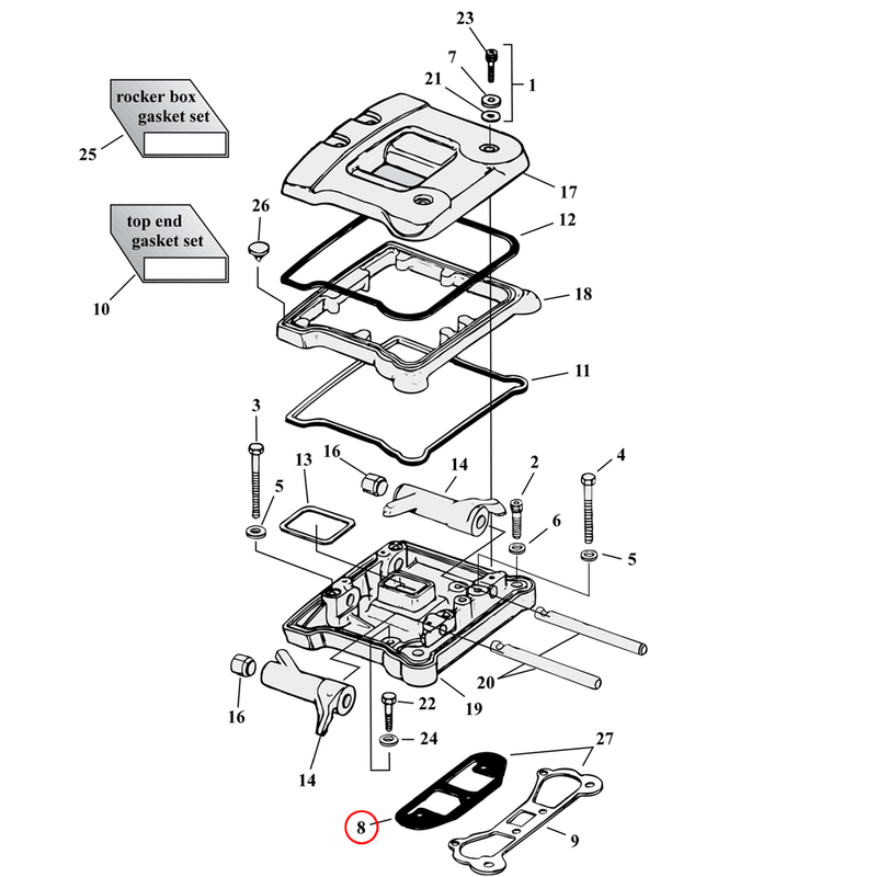 Rocker Box Parts Diagram Exploded View for Harley Evolution Big Twin 8) 84-99 Big Twin. Cometic rubber coated gasket right, rocker cover. .020". Replaces OEM: 16778-84D