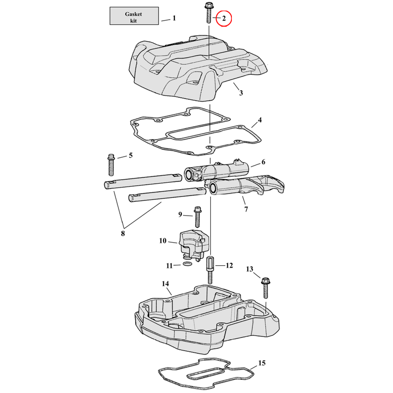 Rocker Box Parts Diagram Exploded View for Harley Milwaukee Eight 2) 17-23 M8. Bolt, upper rocker cover.