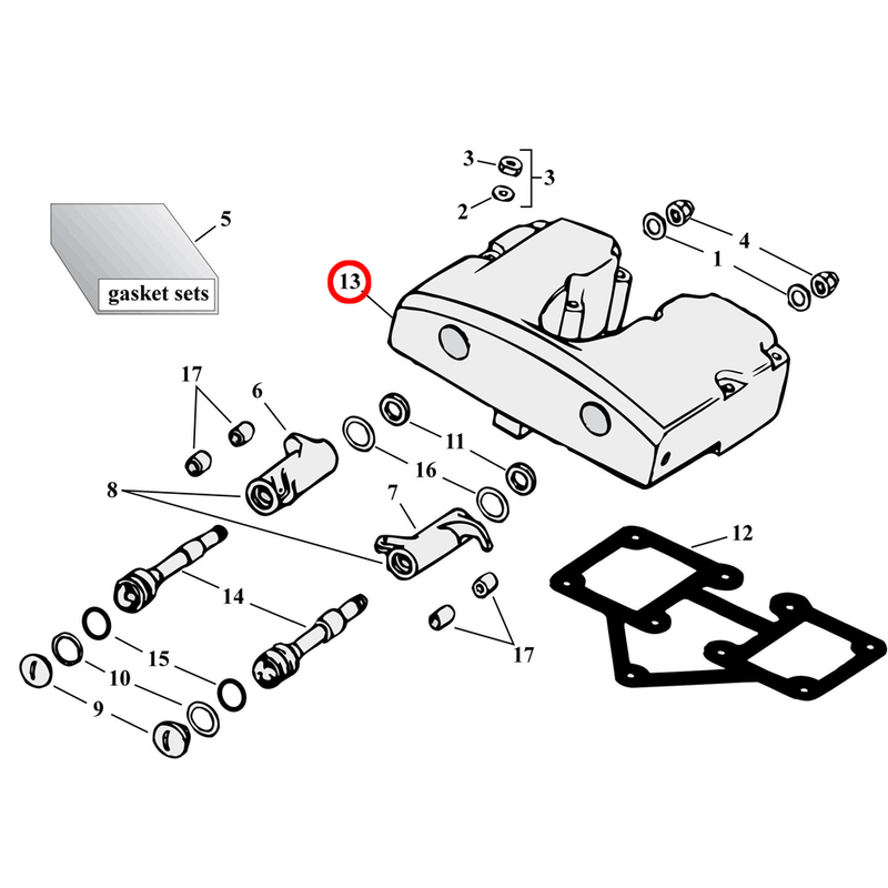 Rocker Box Parts Diagram Exploded View for Harley Shovelhead 13) 66-84 Shovelhead. Rocker cover set, chrome plated aluminium. Replaces OEM: 17550-80 & 17552-80