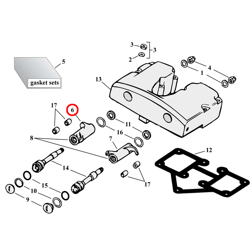 Rocker Box Parts Diagram Exploded View for Harley Shovelhead 6) 66-84 Shovelhead. Rocker arm. Front intake, rear exhaust. Replaces OEM: 17360-66A