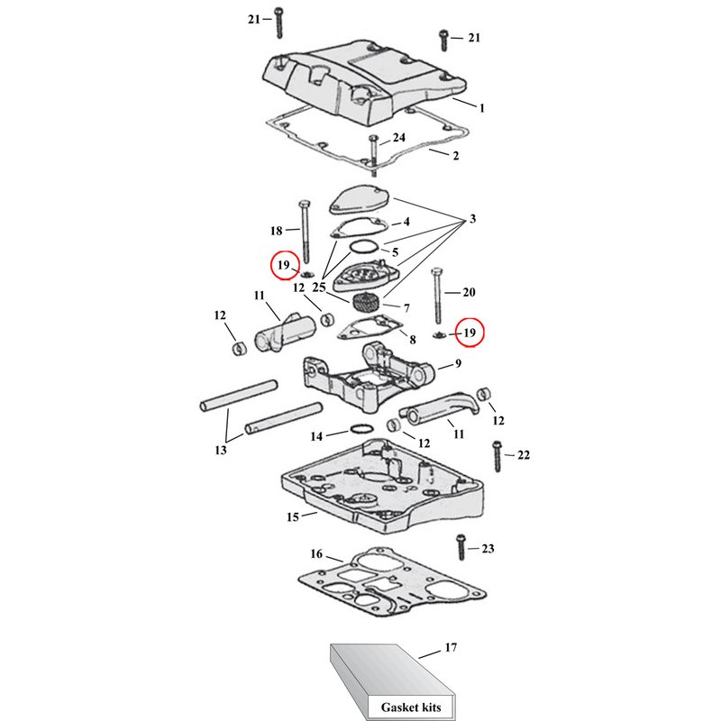 Rocker Box Parts Diagram Exploded View for Harley Twin Cam 19) 99-01 TCA/B. Washer. Replaces OEM: 6016