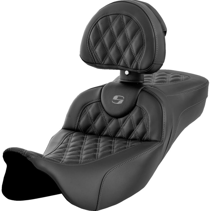 Saddlemen Roadsofa Extended Reach Lattice Stitch Seat for Harley 08-25 Touring (excl. 23-25 CVO; 24-25 Road Glide / Street Glide) / Black / Dark Gray / Without heating / With backrest  - Customhoj