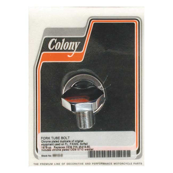 COLONY Fork tube caps Colony Fork Tube Cap Bolts. OEM Style. FL L77-84; FLT 80-83; FXWG 80-83; Touring 00-13; Softail 84-17; FXDWG 93-05 Customhoj